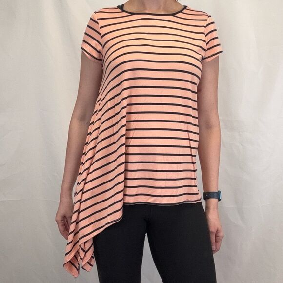 The Limited Women's Asymmetrical Hem Stripe T Tee Shirt Peach Black L LG Large - Picture 1 of 13
